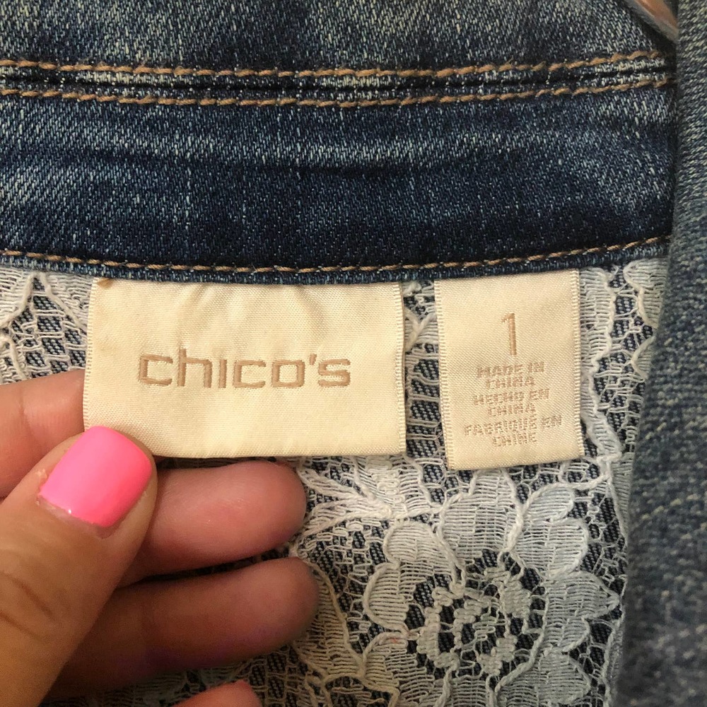 Chico's Blue Denim Jean Jacket with Lace Yoke - Picture 2 of 10